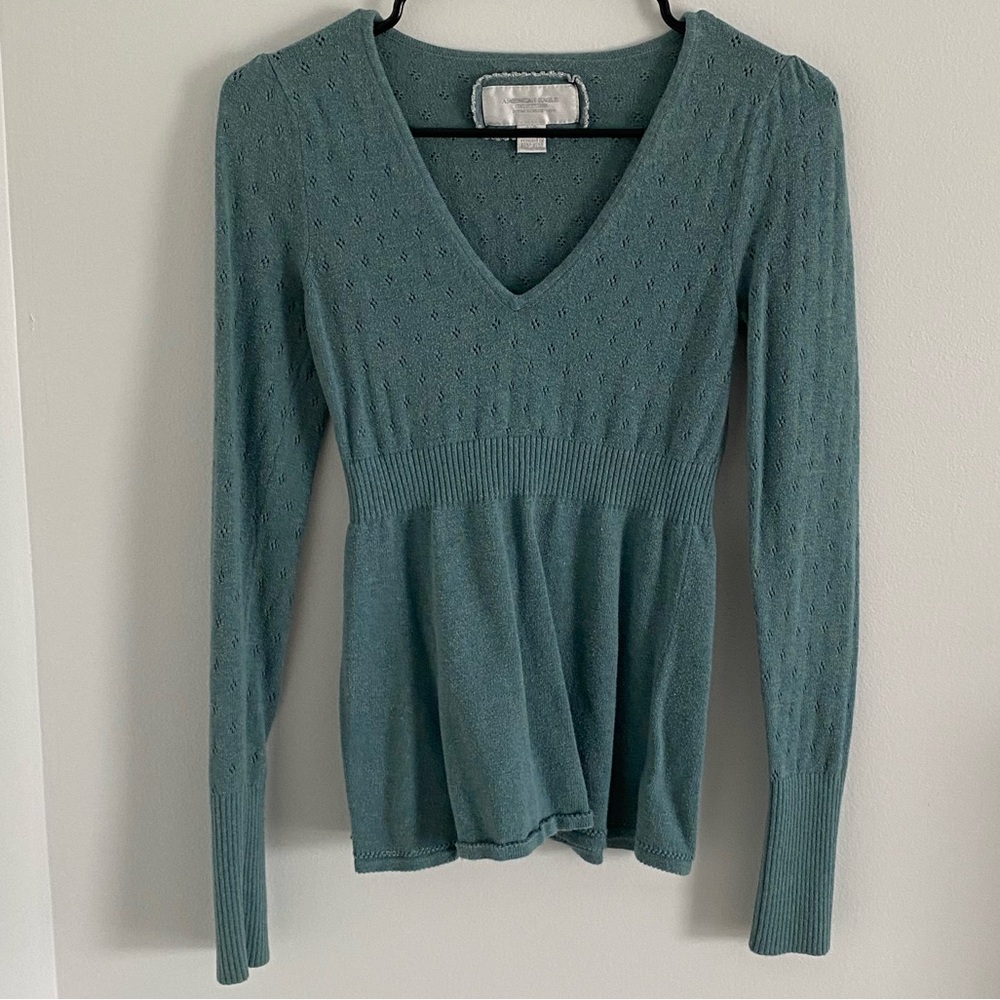 American Eagle Babydoll Long Sleeve Y2K Size Small Eyelet Boho Cotton Green/Blue